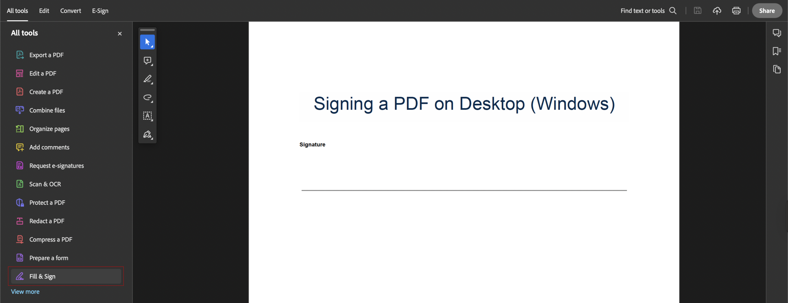 Choosing "Fill and sign" on Adobe Acrobat Reader